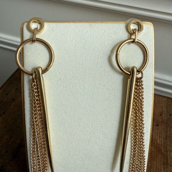 Gold Tone Statement Dangle Chain Earrings 6” - Picture 2 of 5
